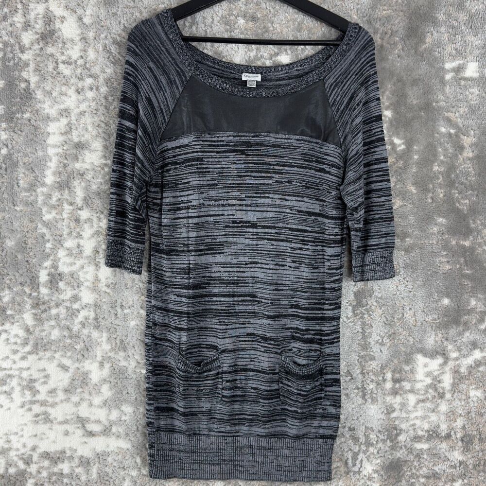 Dynamite Size M Striped Boat Neck Mini Sweater Dress Gray Pockets 3/4 Sleeve